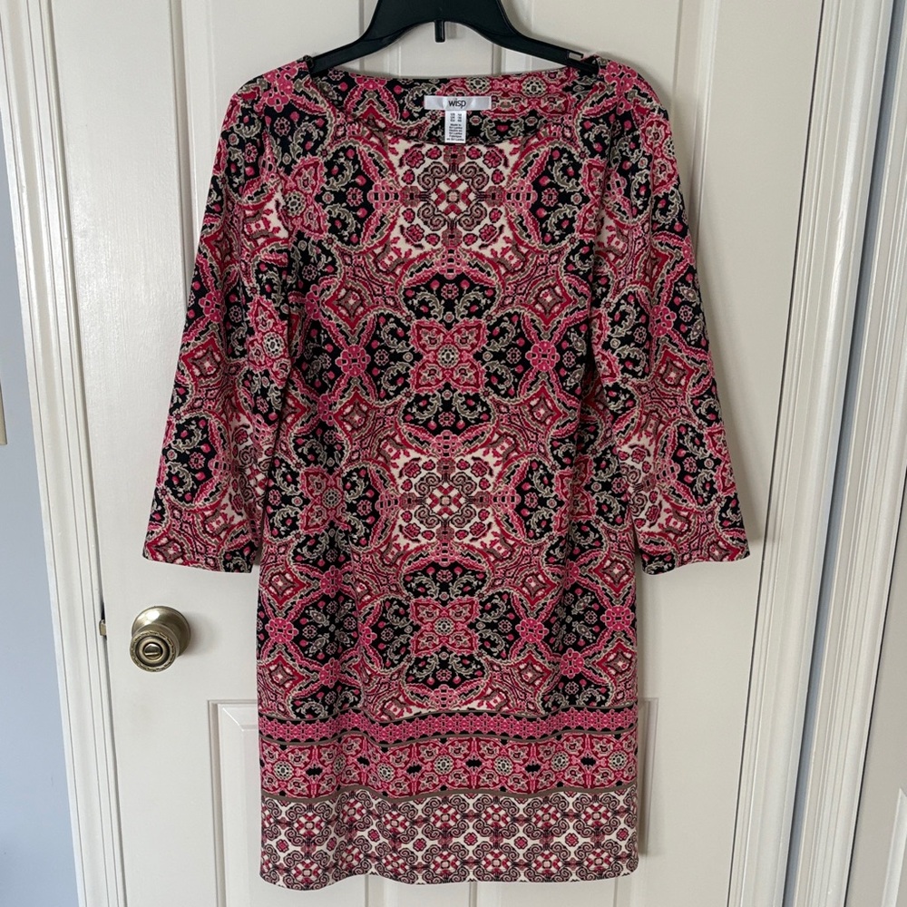 Women's Pink Patterned Long-Sleeve Shift Dress
